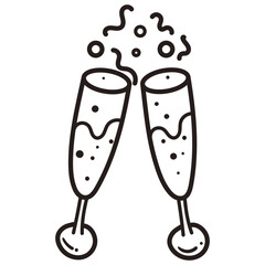 Single celebration glasses of champagne with splashes and sparks. Hand drawn doodle vector illustration