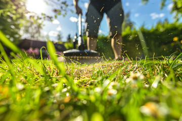 trimming grass outdoors in his backyard on a sunny summer