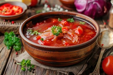 Steaming bowl of borscht, a vibrant beetroot soup, is served in a rustic setting