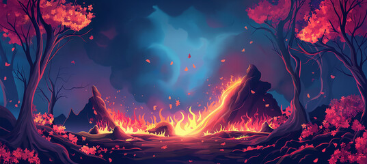 Obraz premium The Volcano lava burst cartoon hell exploding with tree and pink flower, game baclground, Illustration