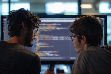Two programmers sitting side by side at a computer screen reviewing code.