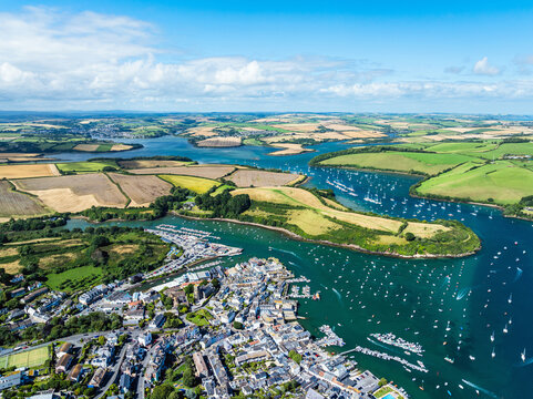 Salcombe and Mill Bay over Kingsbridge Estuary from a drone, Batson Creek, Southpool Creek, Devon, England, Europe