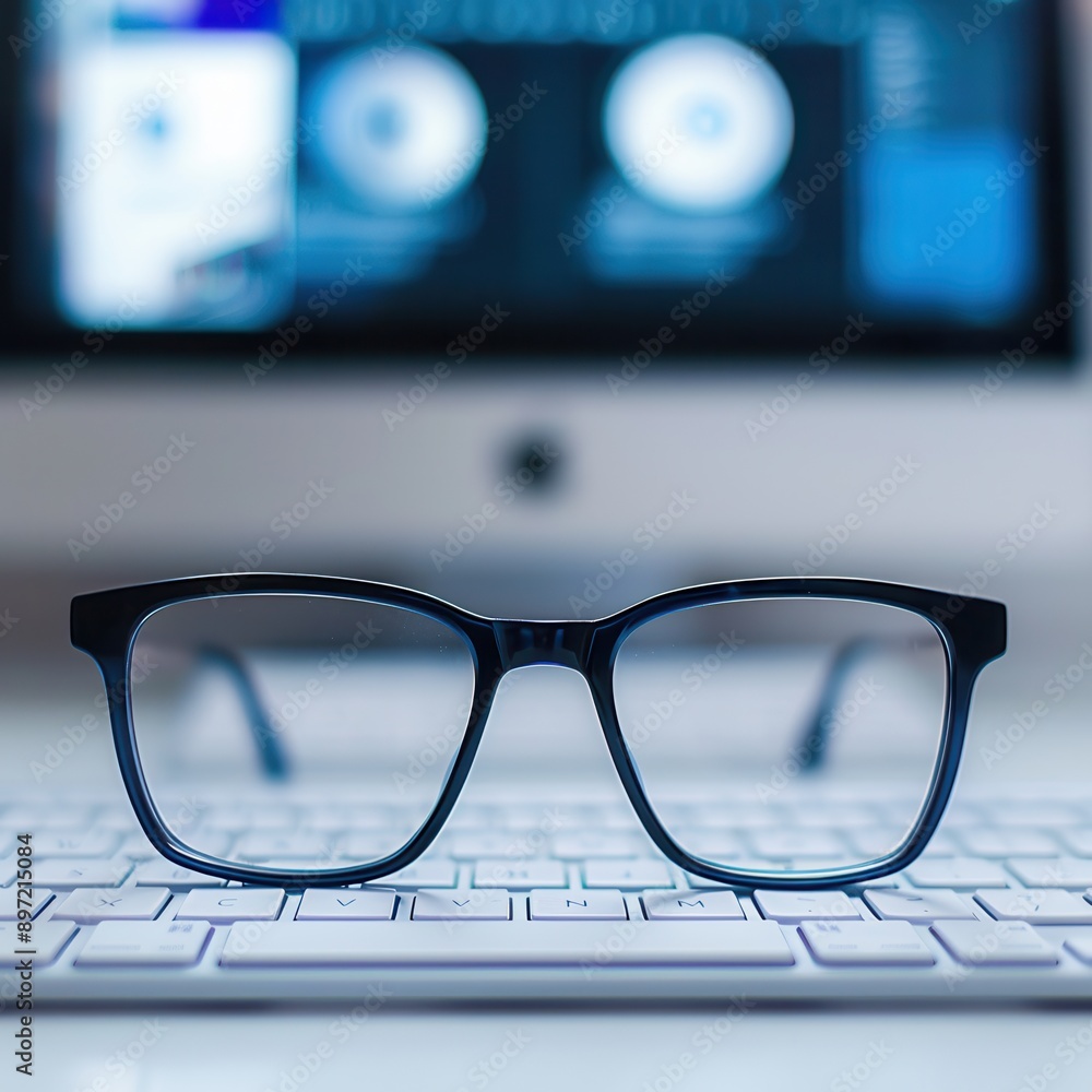 Poster black eyeglasses resting on a white keyboard in front of a computer screen, likely for a break from 