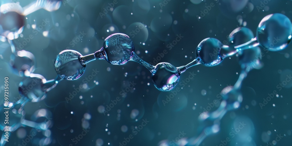 Poster conducting an indepth analysis of a molecular structure using water droplets set against a blue back