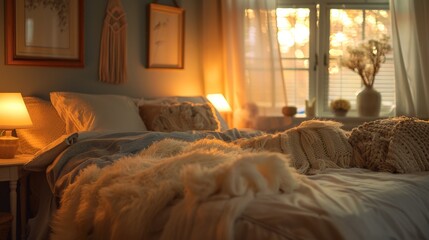 A cozy bedroom with soft lighting and fluffy pillows