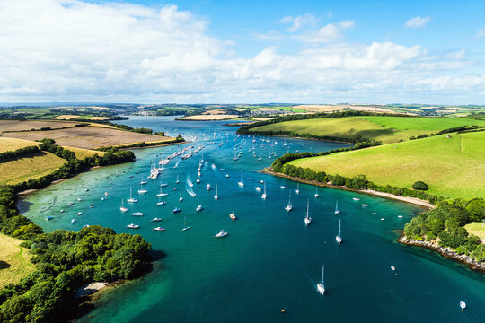 Salcombe and Mill Bay over Kingsbridge Estuary from a drone, Batson Creek, Southpool Creek, Devon, England, Europe