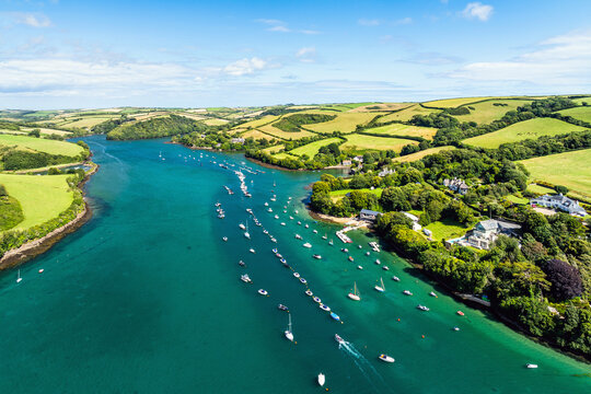 Salcombe and Mill Bay over Kingsbridge Estuary from a drone, Batson Creek, Southpool Creek, Devon, England, Europe