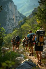 Backpackers hiking through a mountain trail