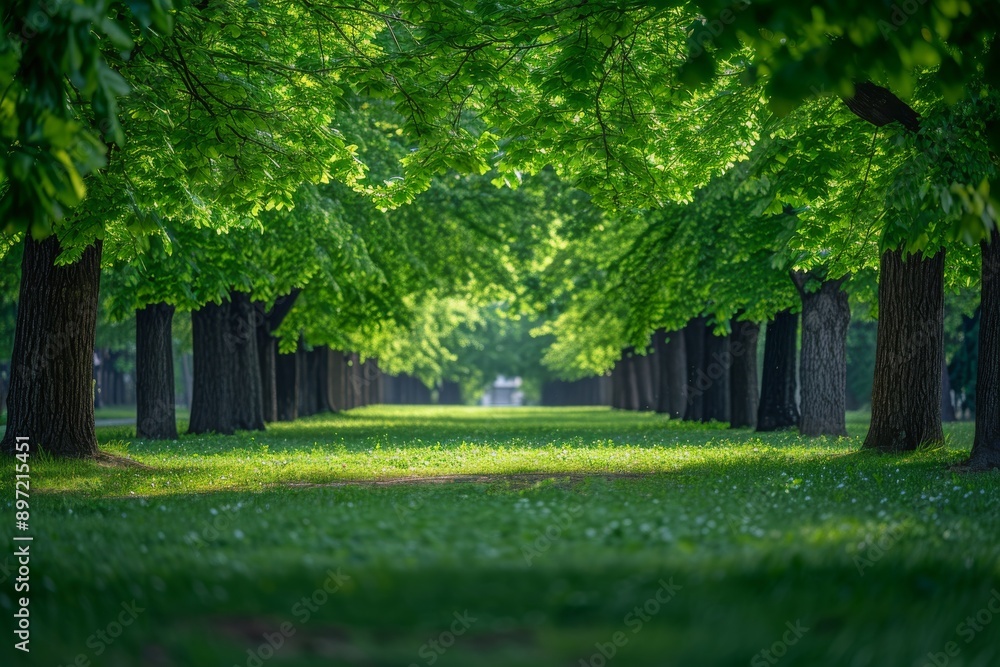 Poster a straight path in a park is bordered by a neat row of trees, fresh green leaves of a tree alley in 