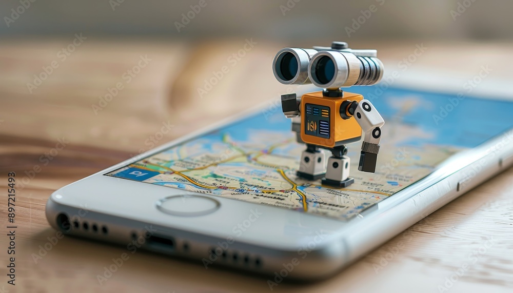 Poster a small robot with binoculars standing on top of an smartphone screen