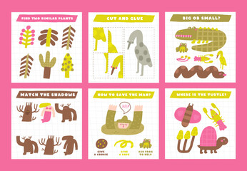 Learn swamp nature games set for kids. Cute hand drawn doodle funny backwater puzzle with mermaid, bog spirit, dead dry tree, bird, plants, animals, snake . Educational worksheet, task, riddle, quiz