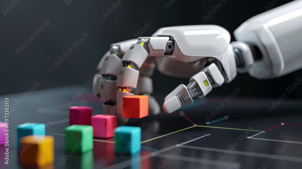 Poster ai robot playing with colorful blocks on the table against a black background