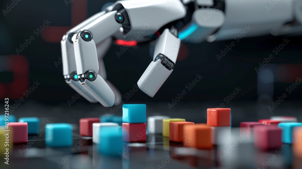 Poster ai robot playing with colorful blocks on the table against a black background