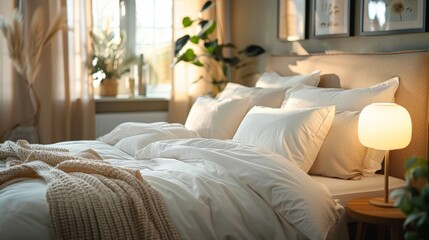 A cozy bedroom with soft lighting and fluffy pillows