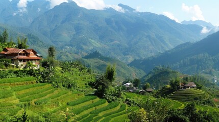 The lush landscape and terraced fields of Sapa, Vietnam.