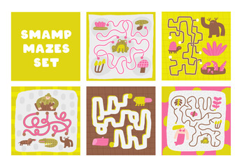 Swamp wildlife doodle mazes set with beaver animal character, log, fisherman, dog, mermaid, toad, turtle. Wild nature, morass puzzle for kids, children. Funny cartoon style labyrinth