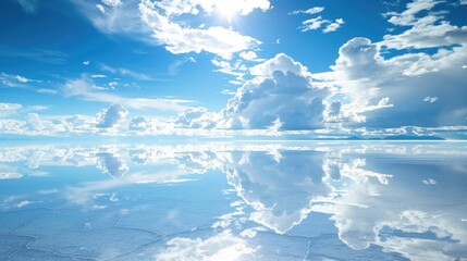 The otherworldly landscape of Bolivia's Uyuni Salt Flats, with a mirror-like surface reflecting the sky.