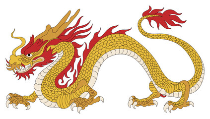Eastern dragon. A dragon standing on the ground. Year of the Dragon. Vector line drawing color illustration.