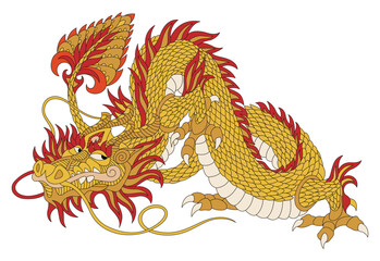 Traditional oriental dragon decorative painting. Year of the Dragon. Vector line drawing color illustration.
