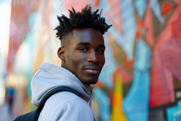 A young African American man in a gray hoodie looking at the camera against colorful graffiti