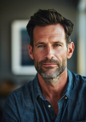 Fototapeta premium A middle-aged Caucasian man with dark hair and beard, wearing a dark shirt, looking directly at the camera indoors with a blurred background