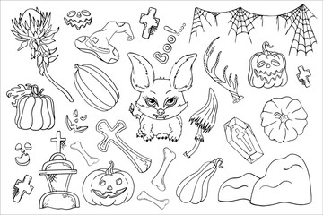 Set of Halloween silhouettes, doodle, graphics character monster, bat, imp. Design of pumpkin, cemetery and spooky elements for Halloween decoration, sketch, badge, sticker. Vector drawing.