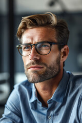Fototapeta premium A thoughtful man with light hair and beard wearing glasses and a blue shirt looking into the distance