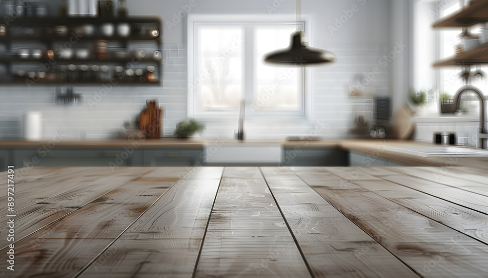 Wall mural Empty wooden table with kitchen in background