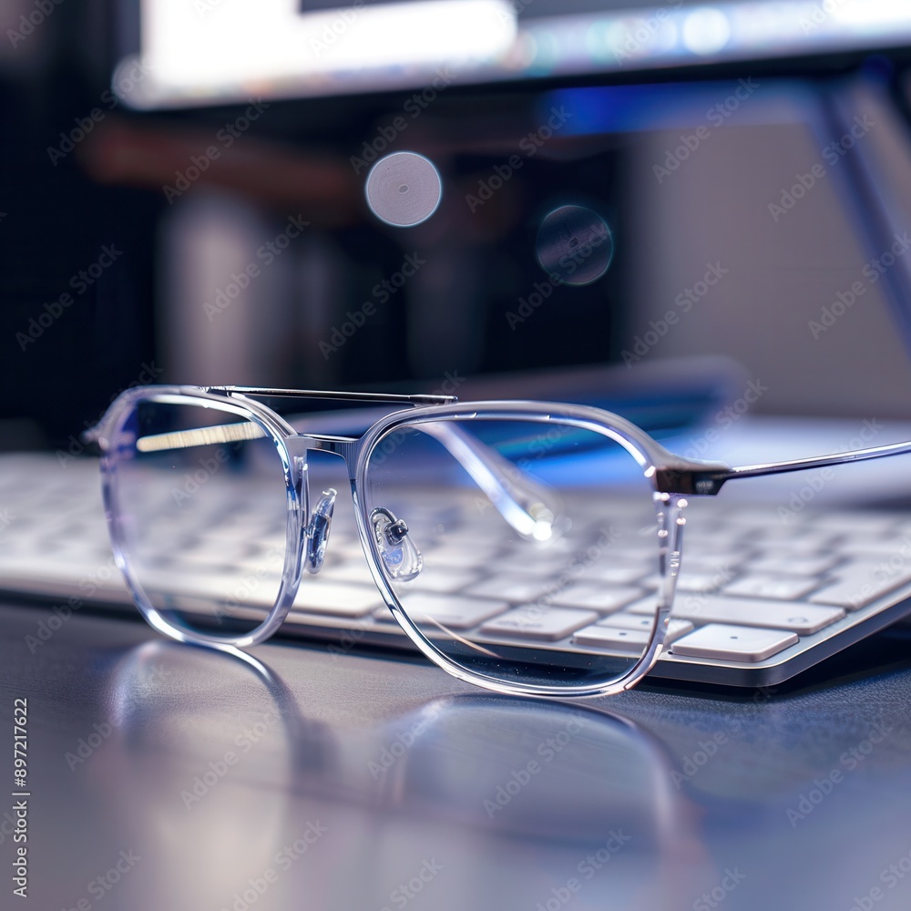 Wall mural clear eyeglasses rest on a white keyboard with a computer screen blurred in the background. generati