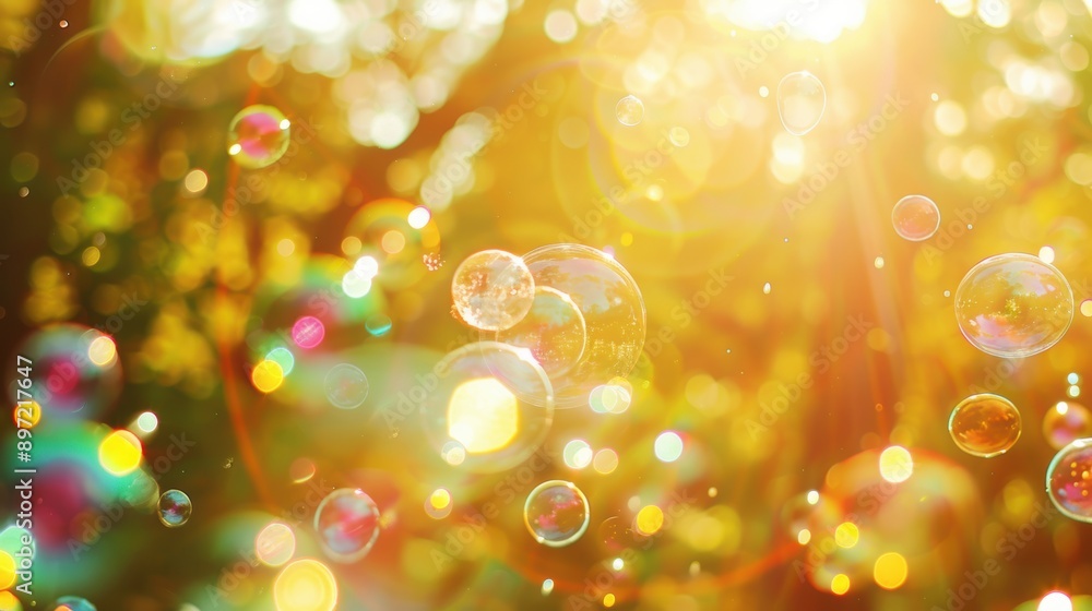Poster glowing bubbles floating through the sunlit air, creating a magical and whimsical scene with a golde