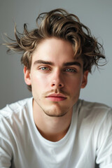 Fototapeta premium A young man with light curly hair and light stubble, wearing a white t-shirt, looking directly at the camera with a neutral expression, gray background