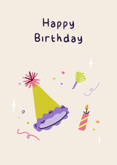 Happy birthday card with party hat, candle and birthday pipe. Greeting card with calligraphy. Elegant and trendy vector illustration templates in simple style