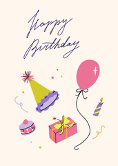 Happy birthday card with party hat, balloon, gift and macaron. Greeting card with handwritten typograpthy. Elegant and trendy vector illustration templates in simple style