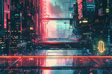 Fototapeta premium A vibrant cityscape illuminated by neon lights featuring futuristic buildings and bustling activity, Futuristic, abstract scene from a cyberpunk city, AI Generated