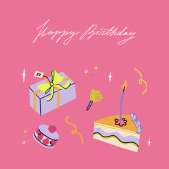 Happy birthday card with cake slice, candle, present and macaron. Greeting card with handwritten typograpthy. Vibrant and trendy vector illustration templates in simple style
