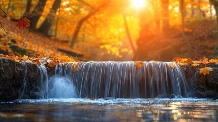 Golden autumn leaves resting on a small waterfall, with warm sunlight filtering through the forest in the background.