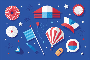 Independence Day poster, banner, foil balloon flyer, paper fan, and confetti for July 4. American flag colors. Minimalism flat lay design.
