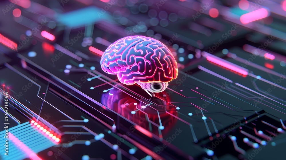 Poster top view of colorful glowing brain with circuit board background