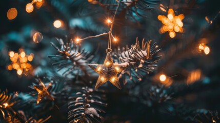 Glittering star ornament hanging on a Christmas tree branch with festive lights, capturing the holiday spirit.