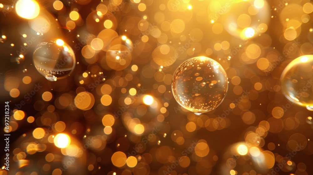 Poster golden bokeh lights with floating bubbles, creating a magical and festive atmosphere.