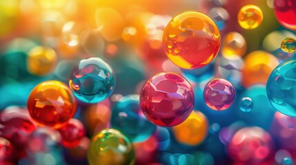 Brightly colored floating bubbles with a bokeh background, creating a whimsical and playful atmosphere.