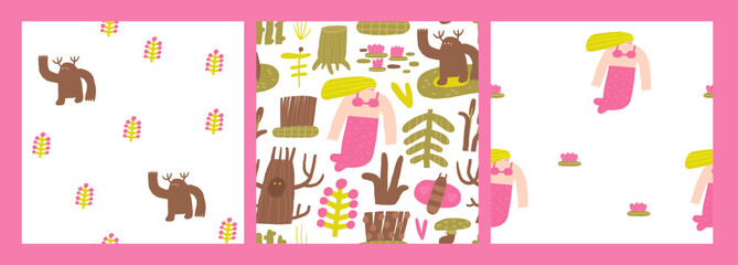 Cute swamp nature seamless patterns set. Funny hand drawn doodle repeatable pattern with mermaid, monster, plants, trees, water lily. Morass, wood theme background
