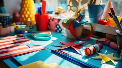 Craft supplies and decorations lay on a table in the sunlight, featuring the colors of the american flag