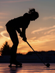 Silhouette of ice hockey player at sunset