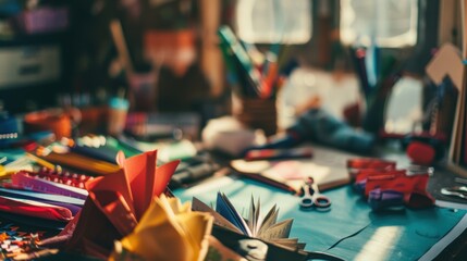 Messy desk full of colorful paper, pencils, and scissors, bathed in warm sunlight, suggests a creative designer is hard at work