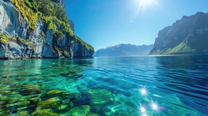 Obraz premium The serene beauty of the fjords in New Zealand, with crystal-clear waters and steep cliffs.