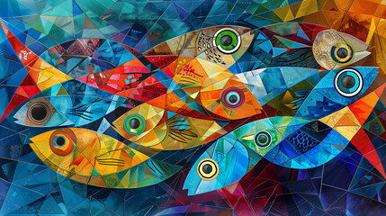 Obraz premium Abstract fish, mosaic, colorful background, expressionism style. Watercolor painting with colorful fish for wallpaper, textile, banner design. Vector seamless pattern with many colorful fish