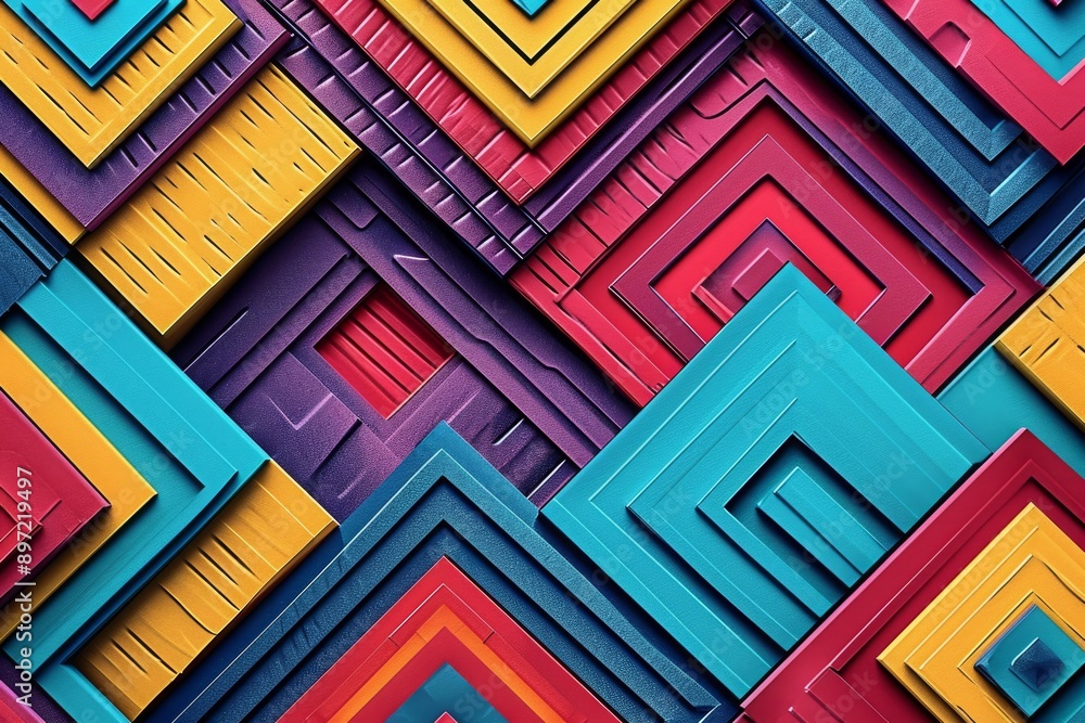 Poster A vivid and lively wall covered in an assortment of different colors and shapes makes for an eye-catching display, Futuristic geometric patterns in vibrant colors, AI Generated