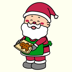Christmas vector Illustration cartoon of santa claus holding ginger bread cookie on a tray, santa baking cookies happily , isolated on light yellow background