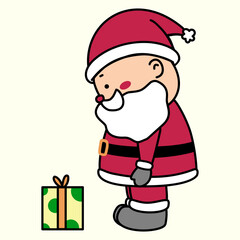 Christmas vector Illustration cartoon of santa claus with gift box, isolated on light yellow background